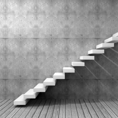 Concept or conceptual white stone or concrete stair or steps near a wall background with wood floor clipart