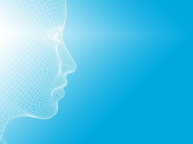 Kavram ya da kavramsal 3d tel kafes genç insan erkek ya da kadın yüzü ya da baş beyaz mavi zemin üzerine