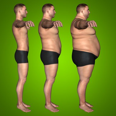 Kavram ya da kavramsal 3d şişman kilolu vs ince uygun diyet ile kasları genç adam yeşil degrade arka plan