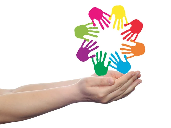 Conceito ou círculo conceitual ou conjunto em espiral feito de mãos humanas coloridas pintadas na palma da mão isolada no fundo branco — Fotografia de Stock