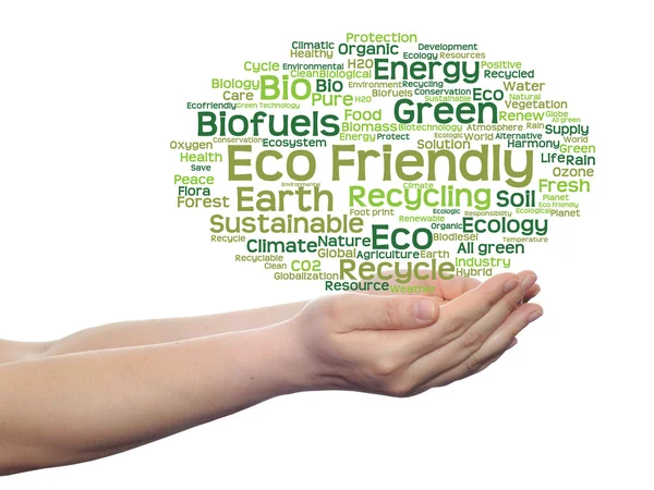 Koncept eller begreppsmässig abstrakt grön ekologi, bevarande word cloud text i man hand på vit bakgrund — Stockfoto