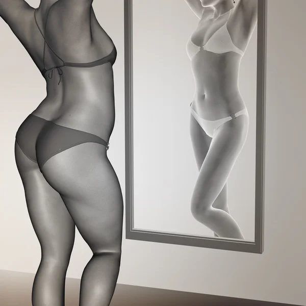 Concept of conceptuele 3D-vrouw, meisje als vet, overgewicht vs passen gezond, mager ondergewicht anorexia vrouwelijke vóór en na een dieet over een spiegel — Stockfoto