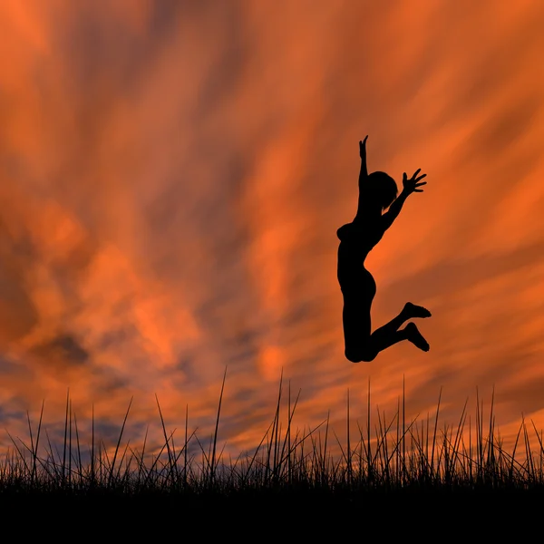 Konzept oder konzeptionelle junge Frau oder Geschäftsfrau Silhouette springen glücklich auf Gras Feld bei Sonnenuntergang oder Sonnenaufgang Himmel Hintergrund — Stockfoto