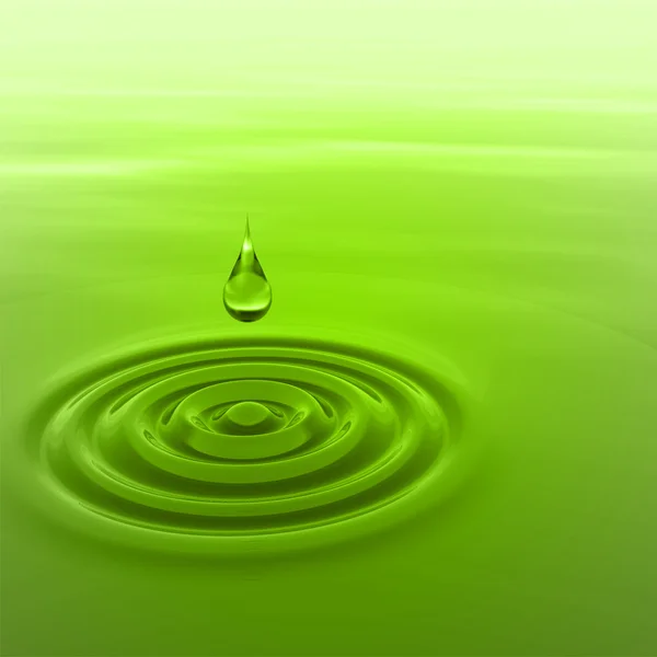 Concept or conceptual green liquid drop falling in water with ripples and waves background