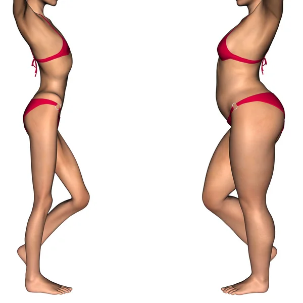 Concept of conceptuele 3D-vrouw of meisje als vet, overgewicht en fit gezond, mager ondergewicht anorexia vrouwelijke befor en na dieet — Stockfoto