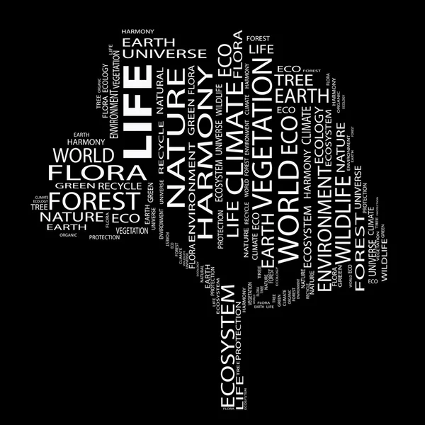 Konzeptioneller weißer Baum aus Ökologie-Text als Wordcloud isoliert auf schwarzem Hintergrund — Stockfoto