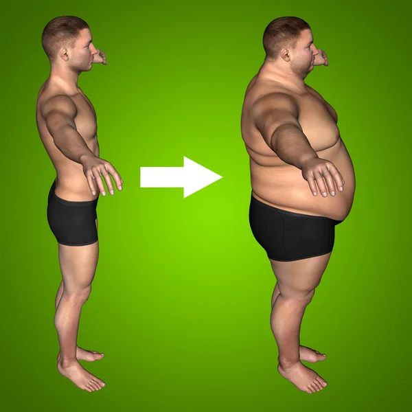 Konsep atau konsep kelebihan berat badan 3D vs pola makan langsing dengan otot-otot latar belakang gradien hijau pria muda — Stok Foto