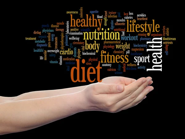 Koncepcja lub pojęciowy streszczenie zdrowia, żywienia i diety słowo cloud w ręku ludzki mężczyzna na białym tle — Zdjęcie stockowe