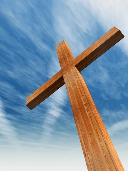 Concept Conceptual Wood Cross Religion Symbol Shape Blue Sky Clouds — Stock Photo, Image