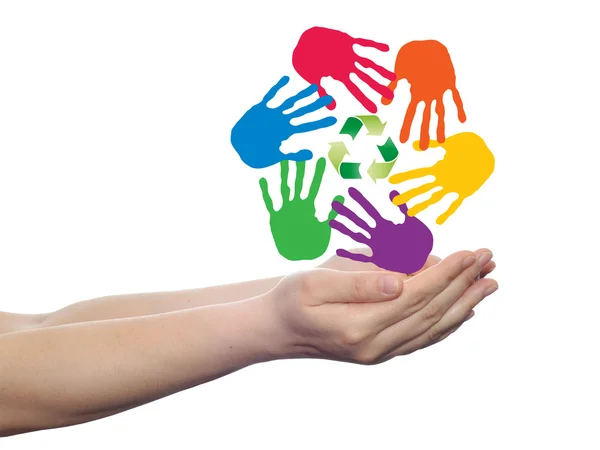 Hands with green recycle symbol — Stock Photo, Image