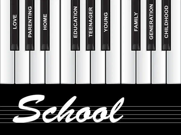 개념적 백색 학교 텍스트 wordcloud 또는 tagcloud 검은 배경에 고립 된 피아노 키로 — 스톡 사진