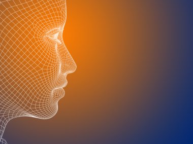 Kavram ya da kavramsal 3d tel kafes genç insan erkek ya da kadın yüzü ya da turuncu mavi arka plan baş