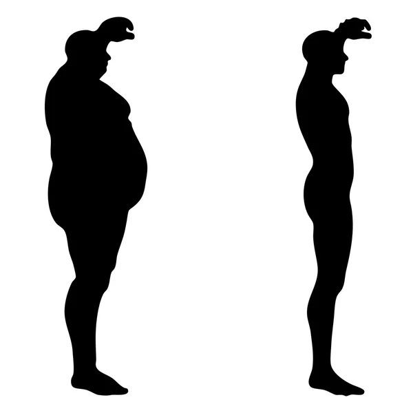 Koncepcja lub 3d pojęciowy tłuszczu nadwagą vs szczupły sprawny dieta z mięśni na białym tle sylwetka młodego człowieka — Zdjęcie stockowe