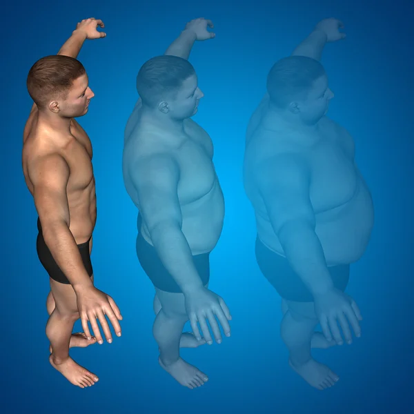 Koncepció, vagy fogalmi 3d kövér túlsúlyos vs slim fit diéta izmok fiatalember kék színátmenetes háttér — Stock Fotó
