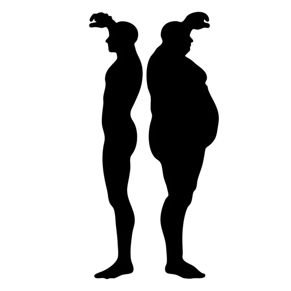 Концепція або концептуальний 3D-жирний надмірна вага проти тонкої дієти з м'язами силует молодої людини ізольований на білому тлі — стокове фото