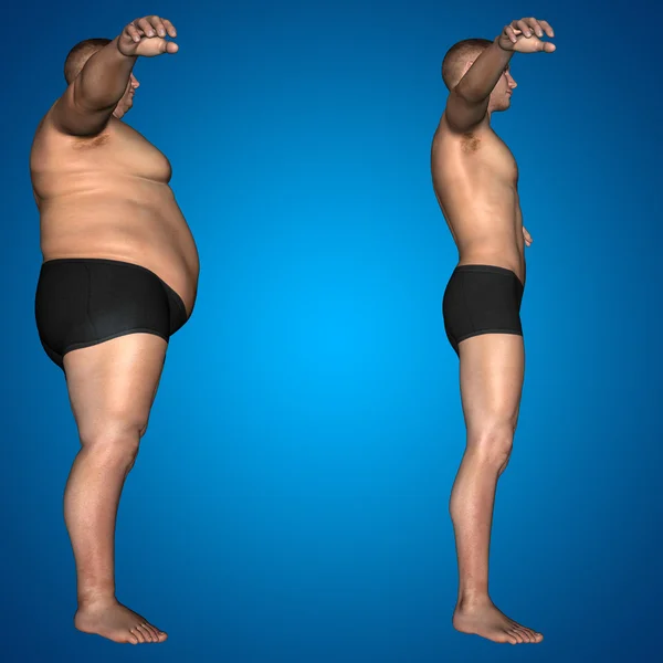 Концепція або концептуальний 3D жир надмірна вага проти тонкої дієти з м'язами молодий чоловік синій градієнтний фон — стокове фото