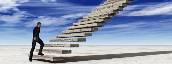 Concepto conceptual 3D hombre de negocios caminando o escalando la escalera en el fondo del cielo con banner de nubes — Foto de Stock