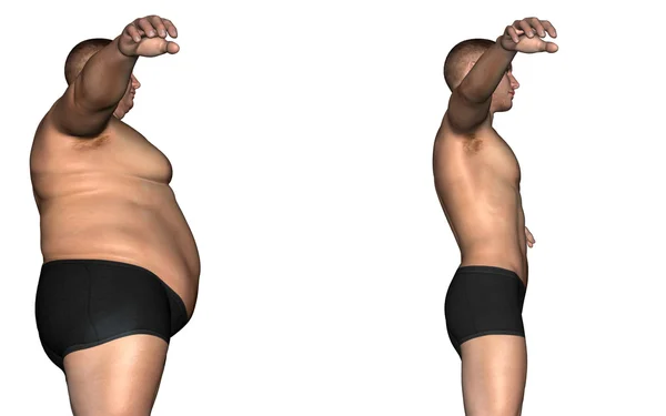 Концепція або концептуальна 3D жирна надмірна вага проти тонкої дієти з м'язами молодий чоловік ізольований на білому тлі — стокове фото