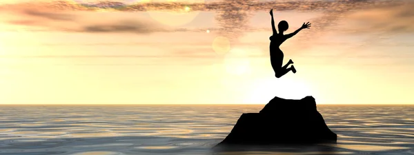 Concept or conceptual young woman or businesswoman silhouette jump happy on cliff over water sunset or sunrise sky background banner — Φωτογραφία Αρχείου