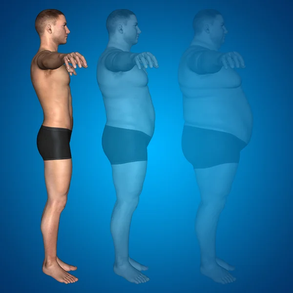 Έννοια ή εννοιολογική 3d λίπους υπέρβαροι vs ταιριάζει δίαιτα slim με μύες νεαρός μπλε κλίση στο παρασκήνιο — Φωτογραφία Αρχείου
