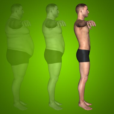 Kavram ya da kavramsal 3d şişman kilolu vs ince uygun diyet ile kasları genç adam yeşil degrade arka plan