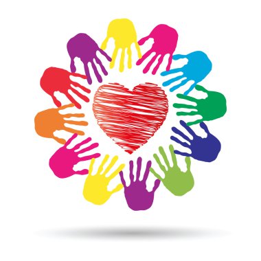 Kavram ya da kavramsal kırmızı kalp sembol çocuk insan eli ile spiral veya beyaz arka plan üzerinde izole daire yazdırır