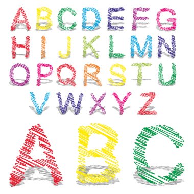 Kavram veya kavramsal kümesi veya beyaz arka plan üzerinde izole renkli el yazısı, kroki veya karalama fontlar koleksiyonu