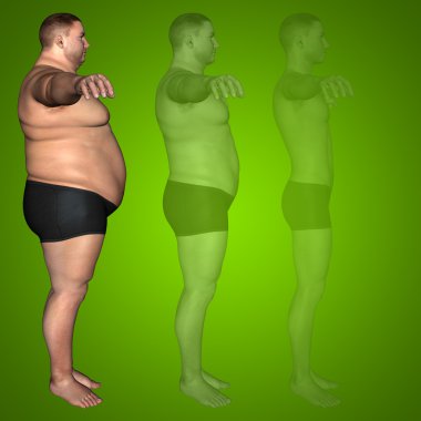 Kavram ya da kavramsal 3d şişman kilolu vs ince uygun diyet ile kasları genç adam yeşil degrade arka plan