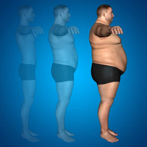 概念或概念 3d 肥胖超重 vs 苗条健康的饮食与肌肉年轻人蓝色渐变背景 — 图库照片
