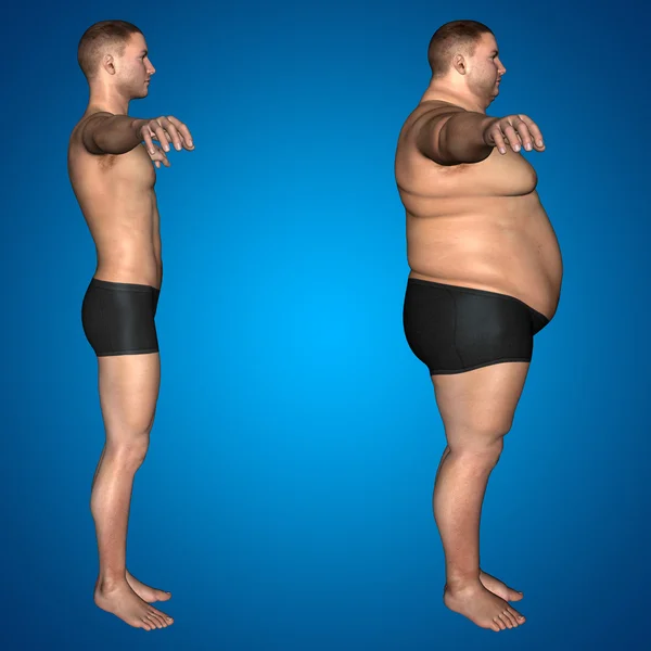 Koncepció, vagy fogalmi 3d kövér túlsúlyos vs slim fit diéta izmok fiatalember kék színátmenetes háttér — Stock Fotó