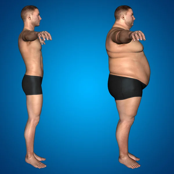 Conceito ou conceitual 3D gordura sobrepeso vs dieta slim fit com músculos jovem homem azul gradiente fundo — Fotografia de Stock