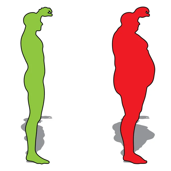 Koncept eller konceptuell 3d fett övervikt vs slim fit kost med muskler ung man silhuetten isolerad på vit bakgrund — Stockfoto