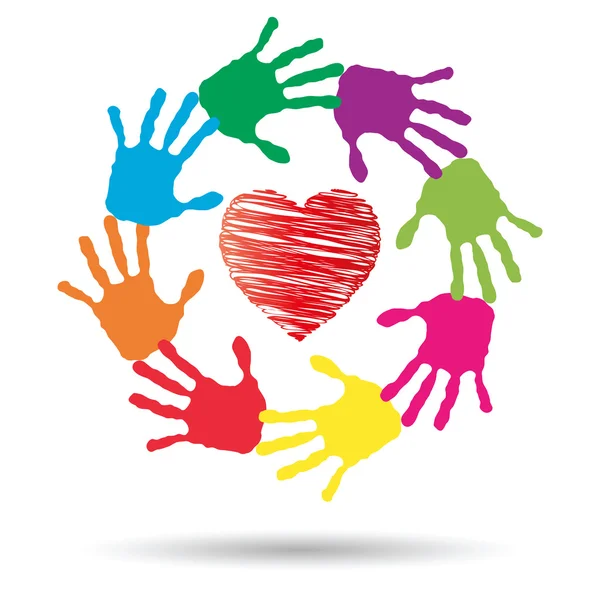 Koncepció, vagy fogalmi piros szív szimbólum a gyermek emberi kéz nyomtat spirál vagy kör elszigetelt fehér background — Stock Fotó