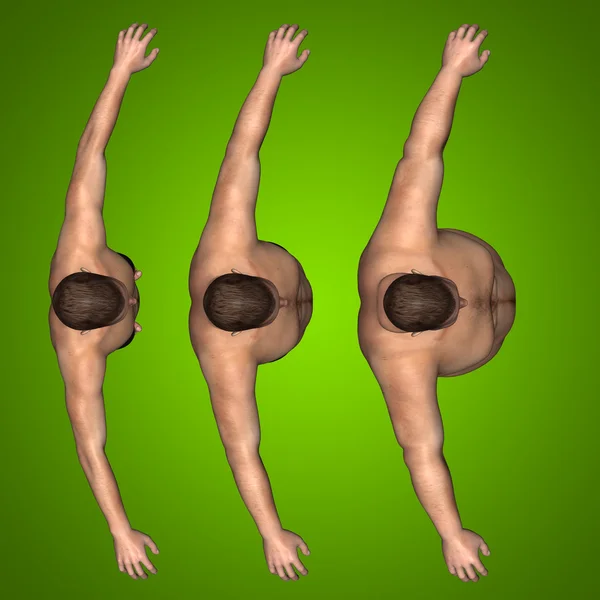 Концепція або концептуальний 3D жир надмірна вага проти тонкої дієти з м'язами молодий чоловік зелений градієнтний фон — стокове фото