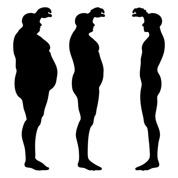 Концепція або концептуальний 3D-жирний надмірна вага проти тонкої дієти з м'язами силует молодої людини ізольований на білому тлі — стокове фото