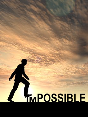 Kavramsal 3d insan adam kavramı ya da işadamı siyah siluet olanaksız veya mümkün metnin üzerinde günbatımında adım olarak