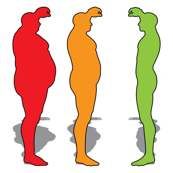 Concept ou concept 3D graisse en surpoids vs alimentation slim fit avec muscles jeune homme silhouette isolée sur fond blanc — Photo