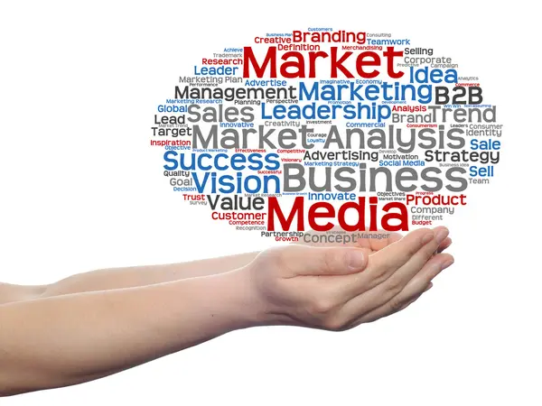 Concetto o concettuale astratto business marketing parola cloud o wordcloud in uomo o donna mano su sfondo bianco — Foto Stock