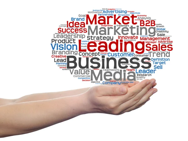 Koncepció vagy fogalmi absztrakt üzleti marketing szó felhő, vagy wordcloud, a férfi vagy a nő kezét a fehér háttér — Stock Fotó