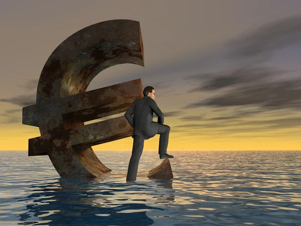 Euro symbol and businessman sinking in ocean — Stock Photo, Image