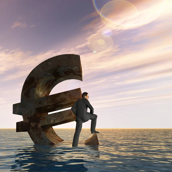 Euro symbol and businessman sinking in ocean — Stock Photo, Image