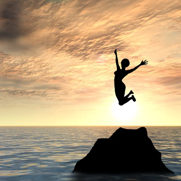 Woman jumps on cliff — Stock Photo, Image