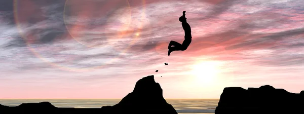 Человек прыгает со скалы через разрыв — стоковое фото
