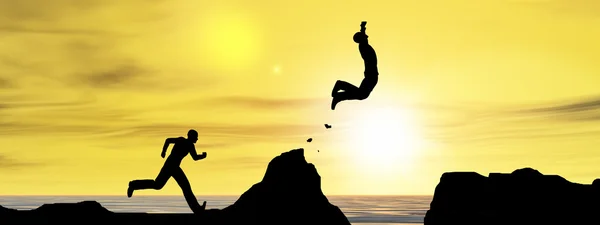 Businessman  jumps from cliff over water gap — Stock Photo, Image