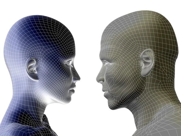 Koncept eller konceptuell 3d trådmodell eller mesh mänskliga manliga och kvinnliga huvuden på blå tonad bakgrund — Stok fotoğraf