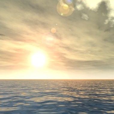 Su ve dalgalı güzel bir deniz manzarası ve gün batımında bulutlu bir gökyüzü.