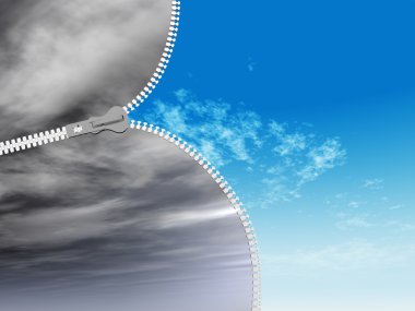 Kavram ya da kavramsal 3d soyut fermuar gelen dramatik karanlık bulutlu gökyüzü güneşli yaz mavi gökyüzü bulutlar arka plan ile için