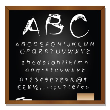 Conceptual collection of white handwritten, sketch or scribble font isolated on blackboard