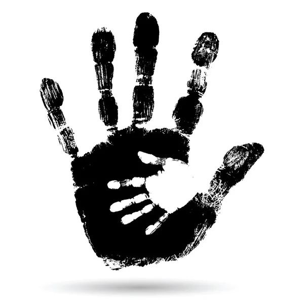 Concepto o conceptual linda mano de pintura negra de la huella de mano madre niño aislado sobre fondo blanco —  Fotos de Stock