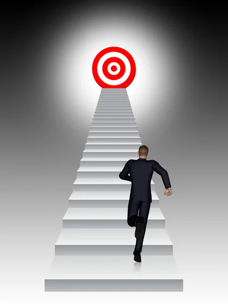 Concepto conceptual hombre de negocios 3D corriendo, escalando la escalera sobre fondo negro con un blanco rojo — Foto de Stock